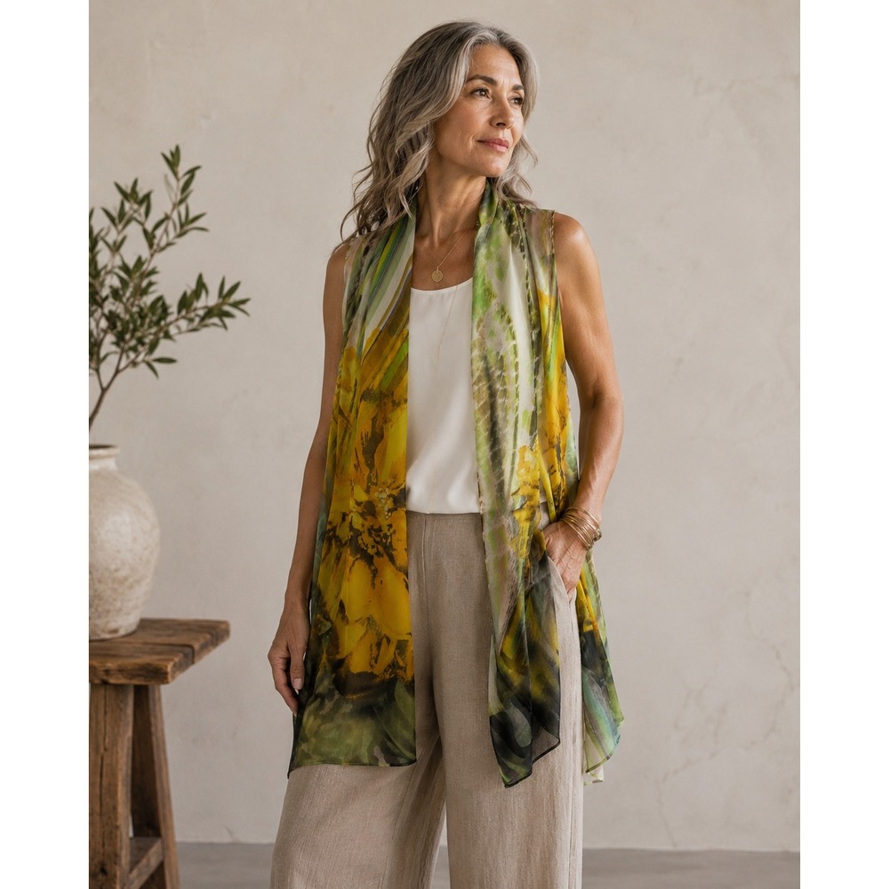 Susan Graver Vest Womens M Multicolor Sunflower Floral Chiffon Open Front Boho